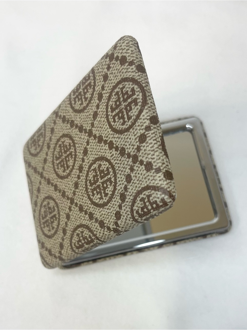 Patterned Compact Mirror in Beige and Brown